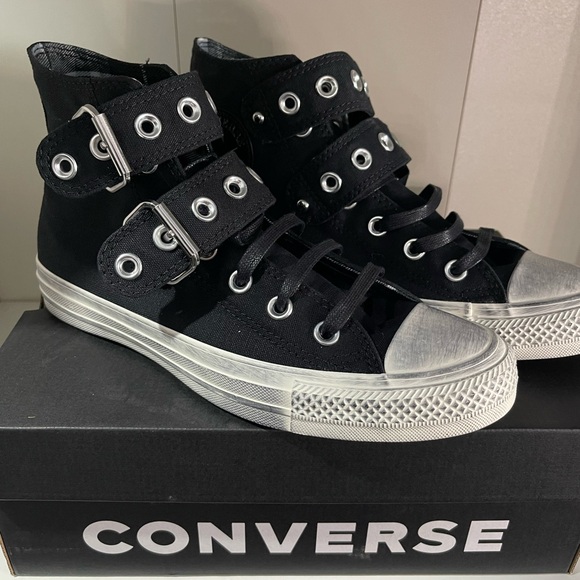 Converse Black High-Tops with Silver Buckles and Grommet Straps - Picture 1 of 5